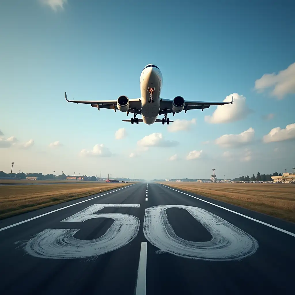 on the territory of the airfield, the air traffic controller at the control panel, receiving an order, gives the command to take off the plane from the runway, the plane gradually rises taking height, finding itself in the sky it maneuvers, and draws the inscription: Happy 50th! We wish you success, health and real happiness!!!