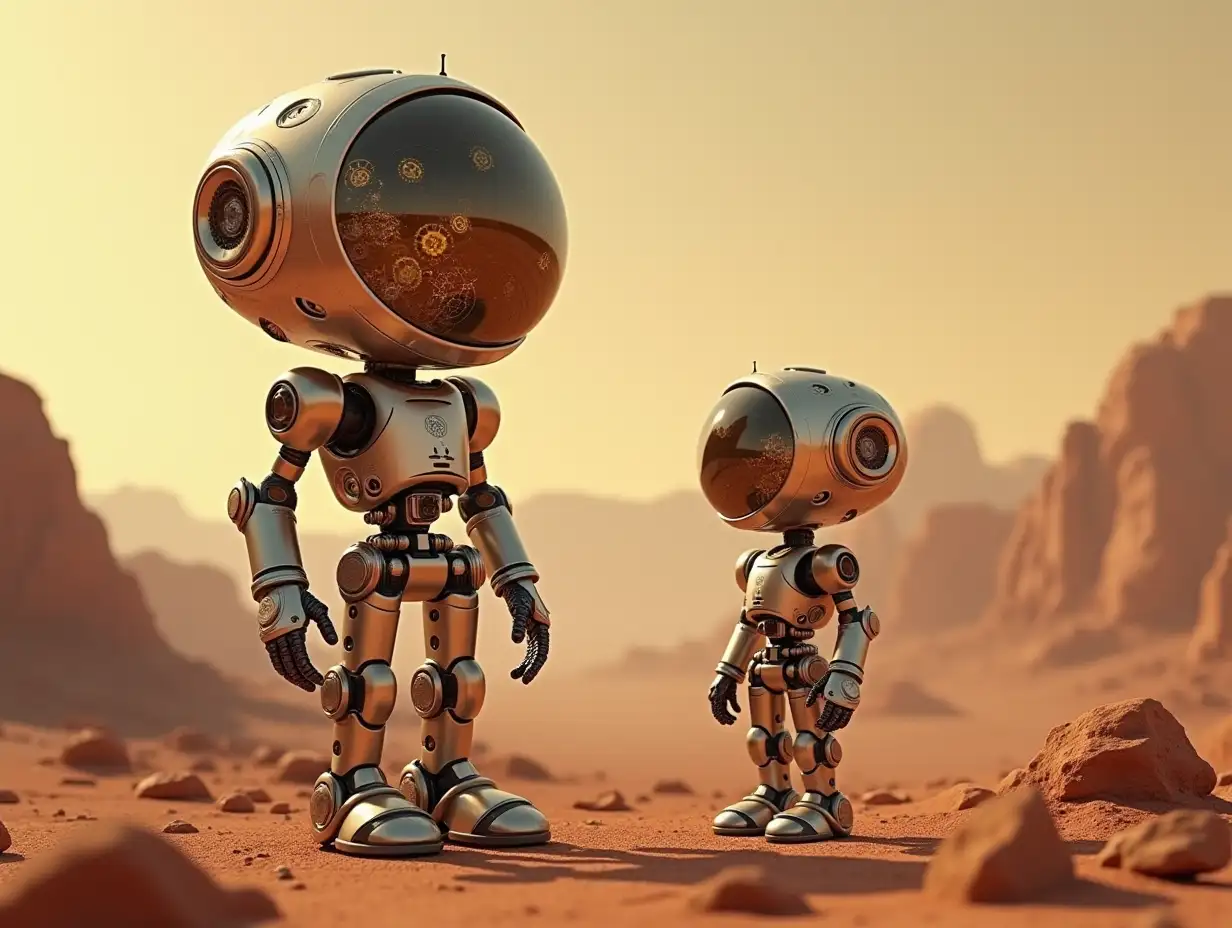 Create a high-resolution, realistic image of artificial intelligence Robert, two meters and a robot one meter high, with gears on arms and legs, gears on cheeks and a glass head with visible gold plated brain, screws with many gears, on Mars in a 4k resolution with rocks