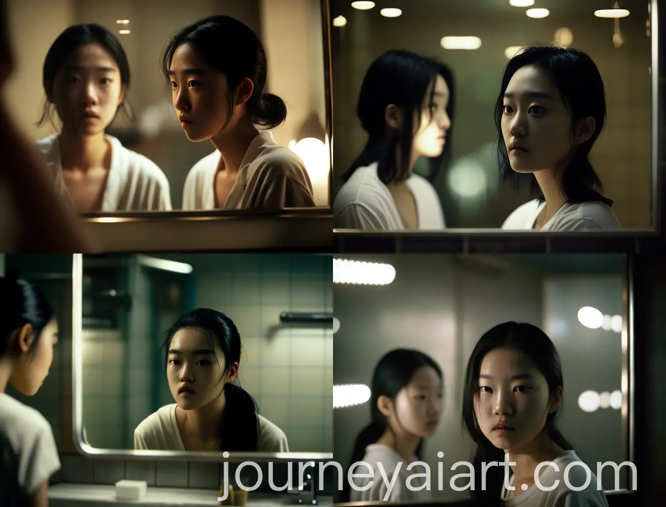 Young-Korean-Woman-in-Modern-Bathroom-Reflecting-in-Mirror