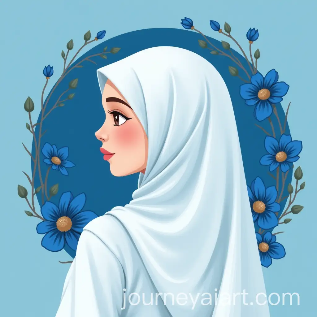 Veiled-Girl-in-White-Hijab-Surrounded-by-Blue-Flowers-and-Background