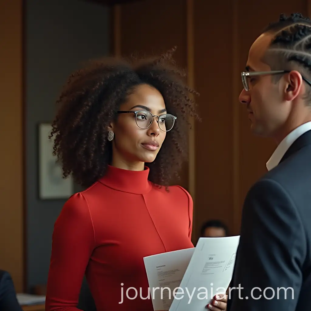 Elegant-Woman-with-Curly-Hair-and-Red-Blouse-Holding-Documents-Man-Observing-from-a-Distance