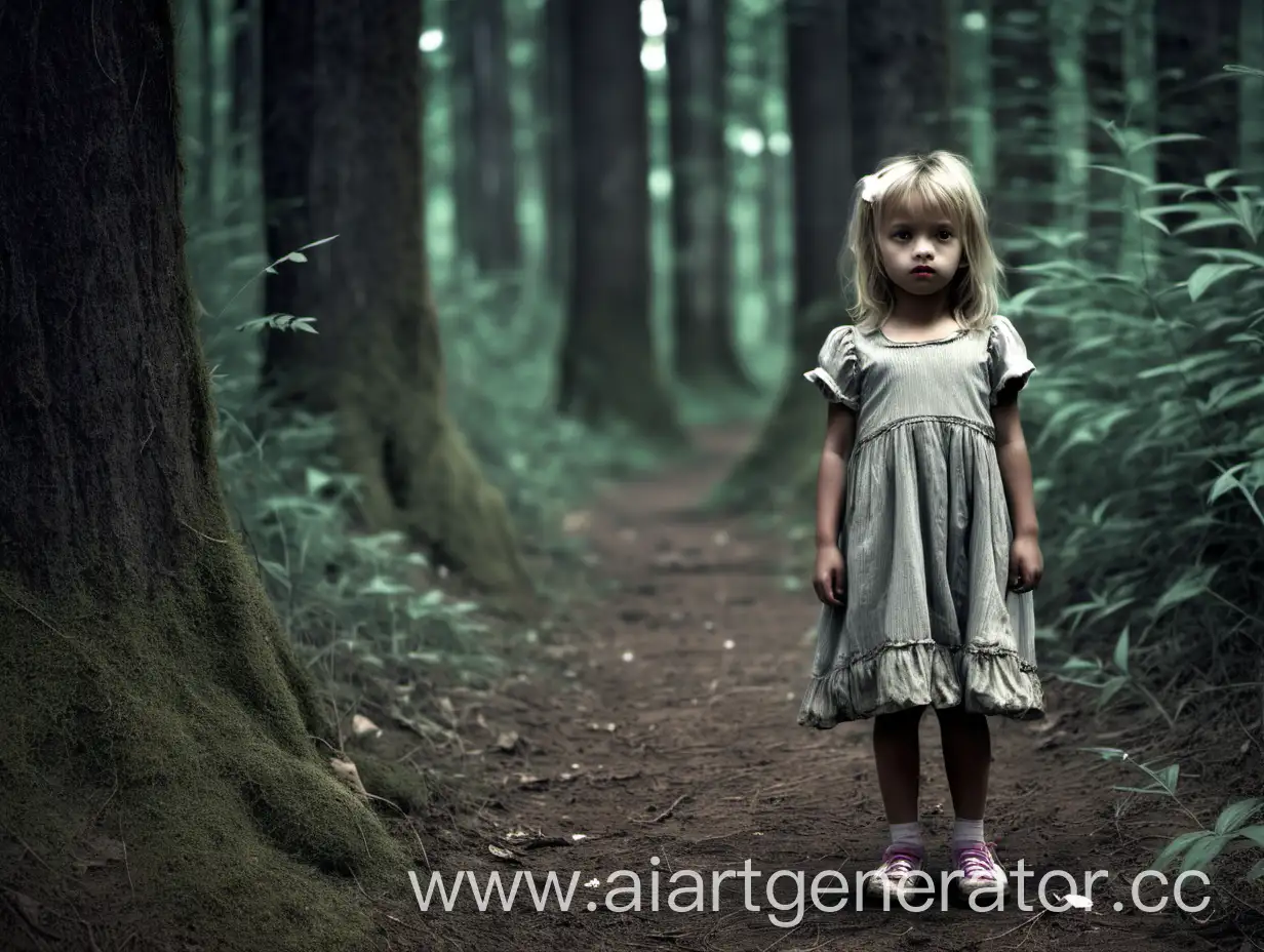 Little-Girl-in-the-Deep-Forest-Wearing-Shabby-Dress-and-Wornout-Shoes