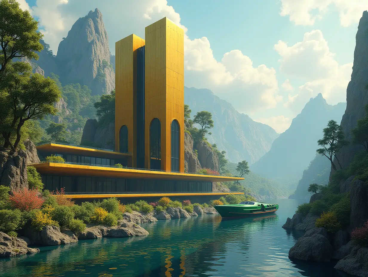 Create a high-resolution realistic image in 4k resolution a futuristic golden building with black, curved columns, mountains large trees, rocks flowers a futuristic green boat with glass window clouded sky