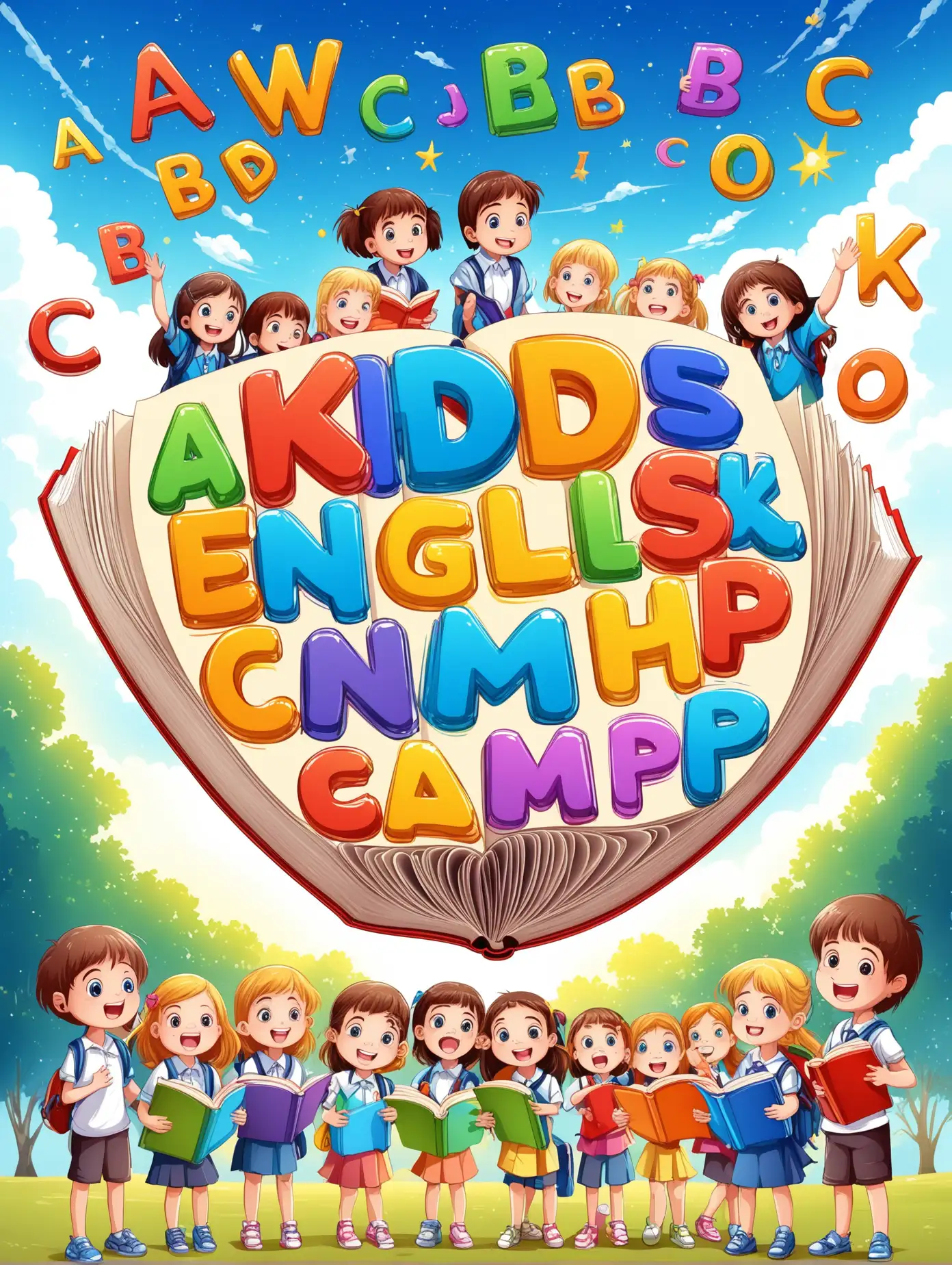 Children Learning English Alphabet with Oversized Book under Clear Blue Sky