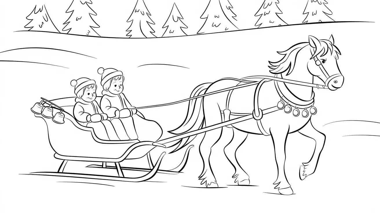 Childrens-Coloring-Page-of-a-HorseDrawn-Sleigh-with-Bells-and-Two-Kids