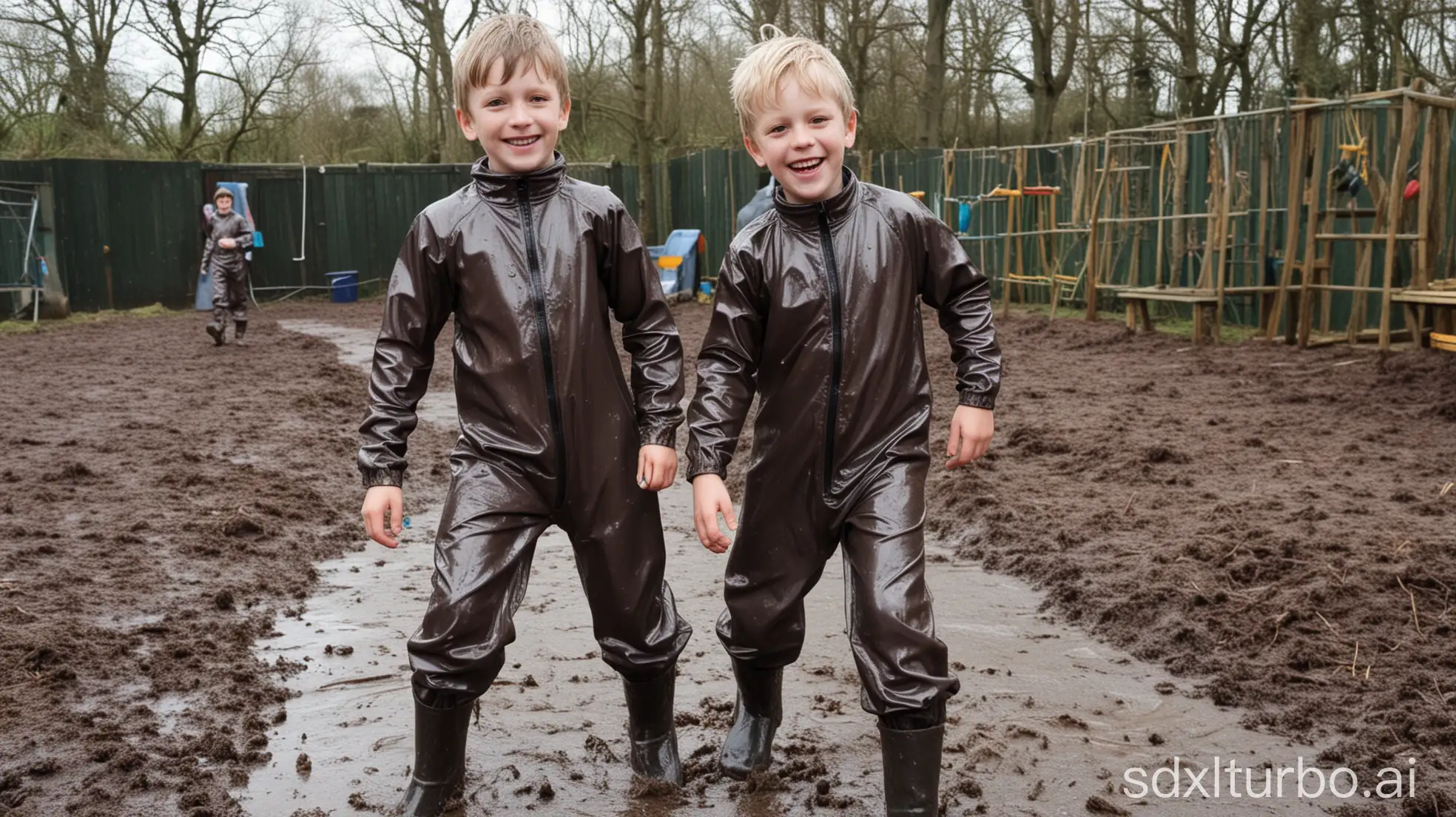 10yo boys in tight fitting onepiece shiny mudsuits. playing on an adventure playground in puddles and mud. joyous happy mode