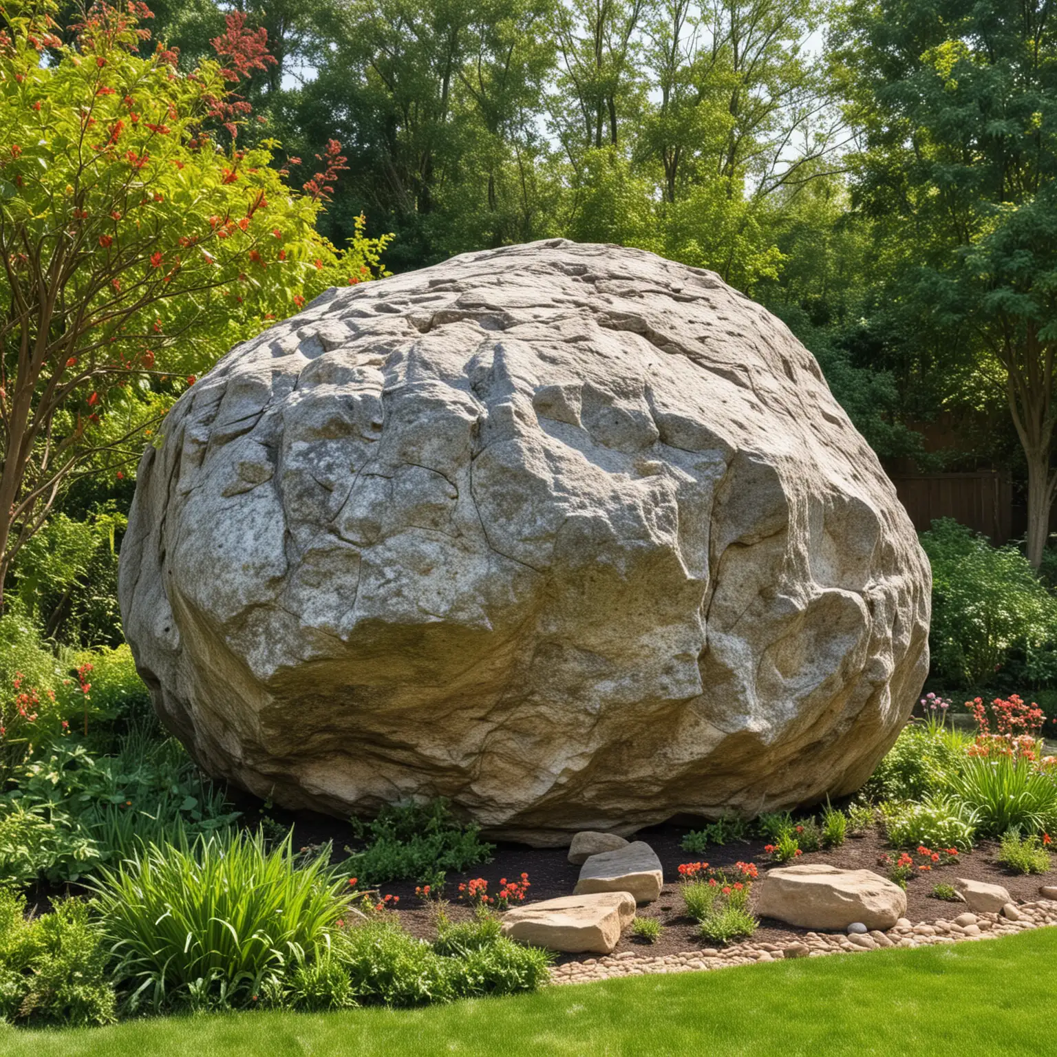 make a picture of a giant Rock in a  garden