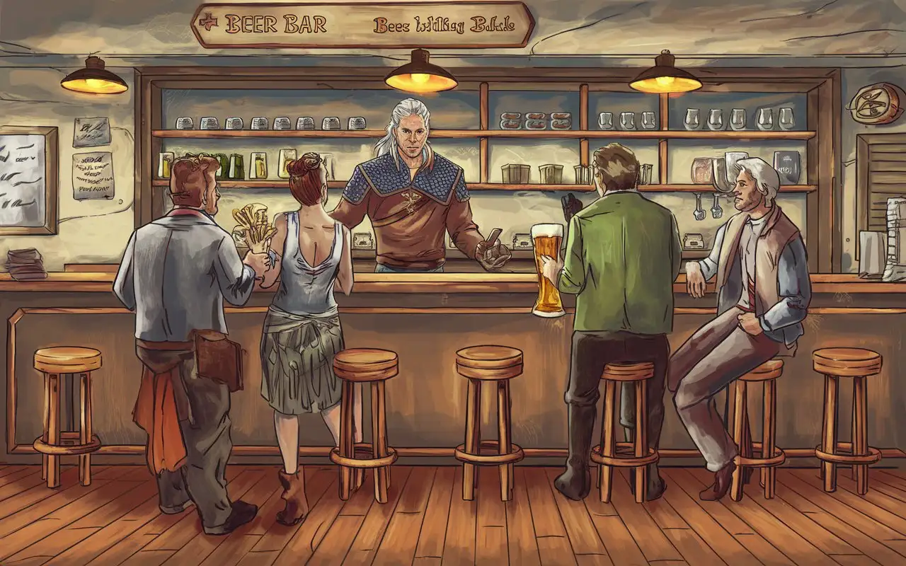 Geralt opened his beer bar and sells beer with snacks to customers