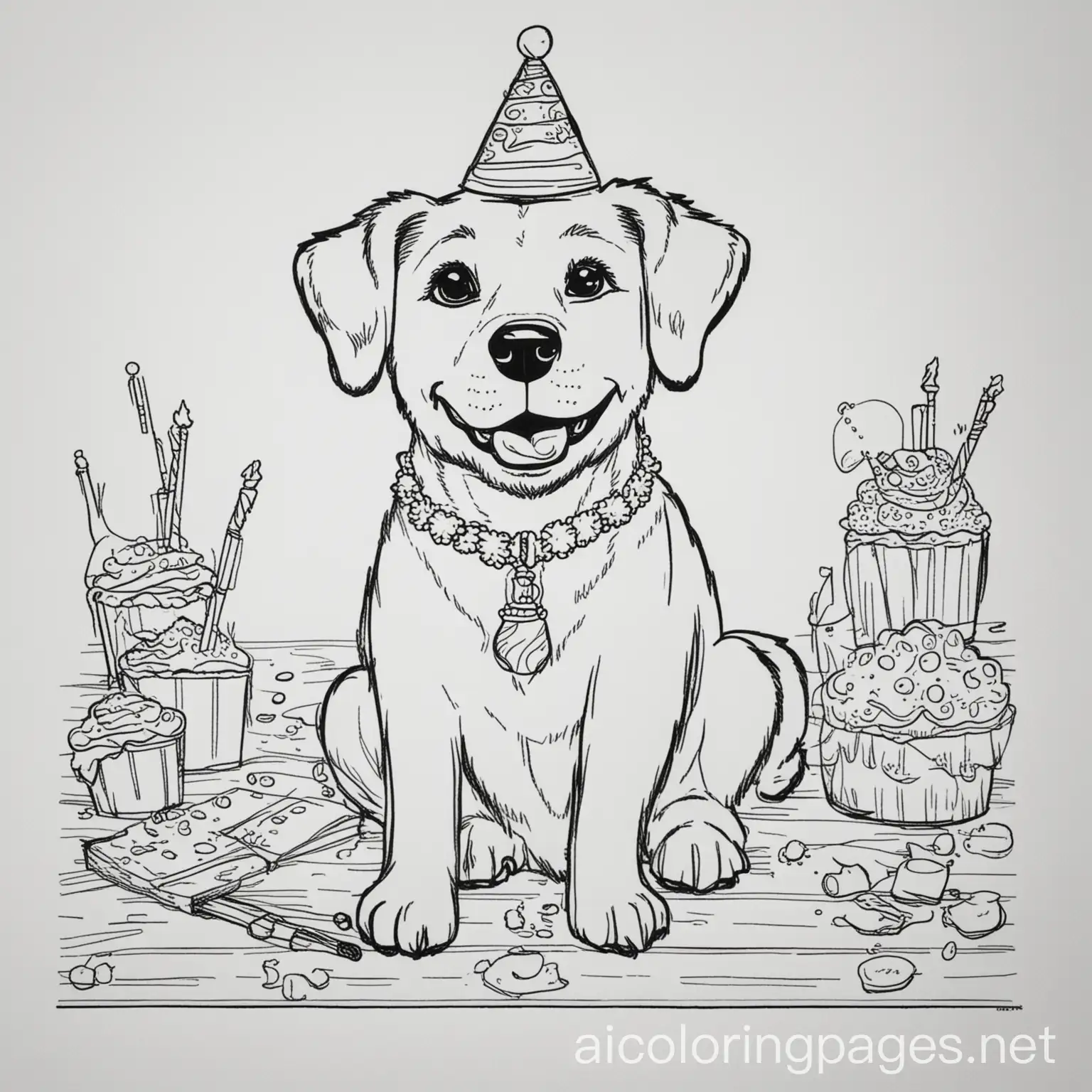 A dog having a party, Coloring Page, black and white, line art, white background, Simplicity, Ample White Space. The background of the coloring page is plain white to make it easy for young children to color within the lines. The outlines of all the subjects are easy to distinguish, making it simple for kids to color without too much difficulty