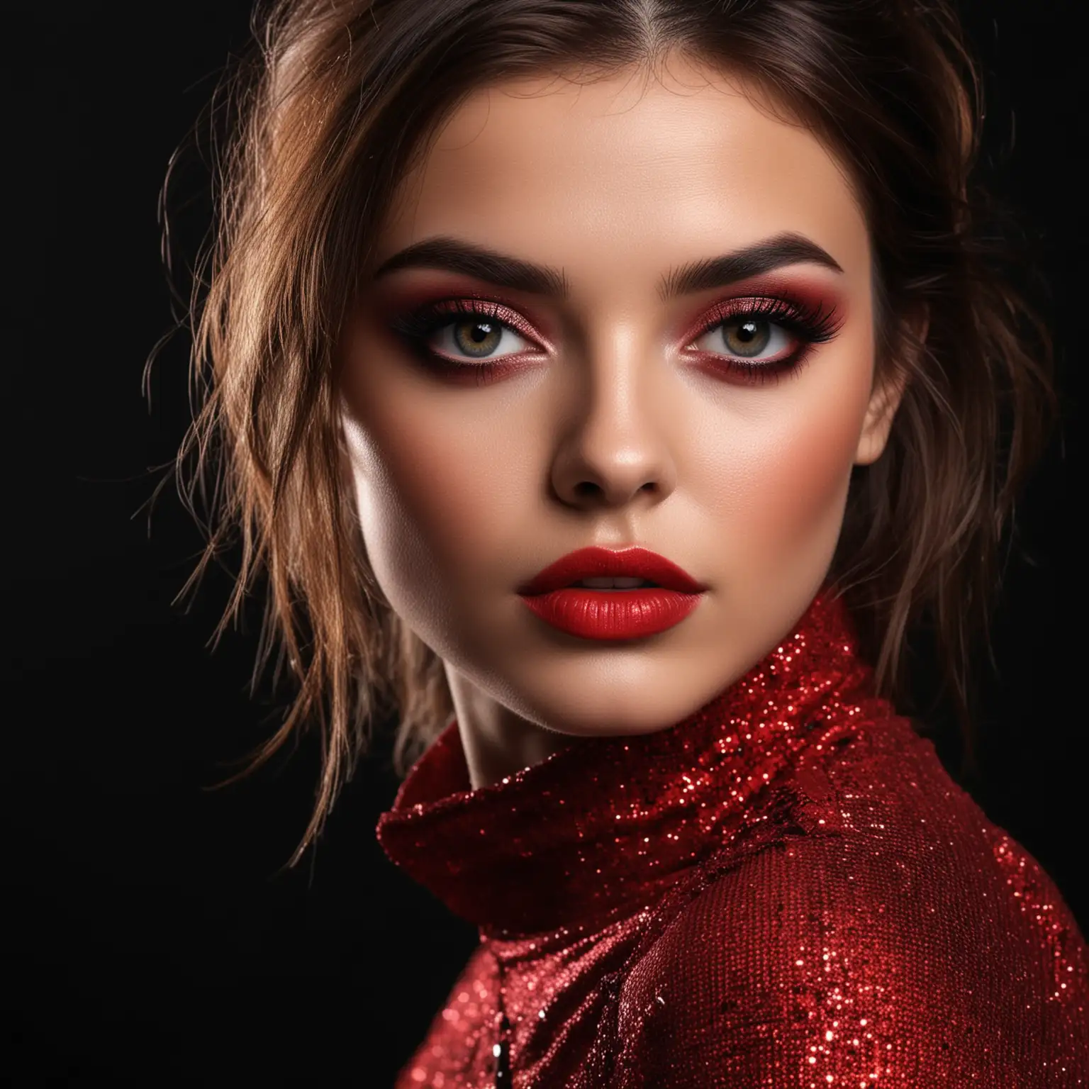 Fashion Model with Gray Eyes and Red Disco Pants in Photo Shoot