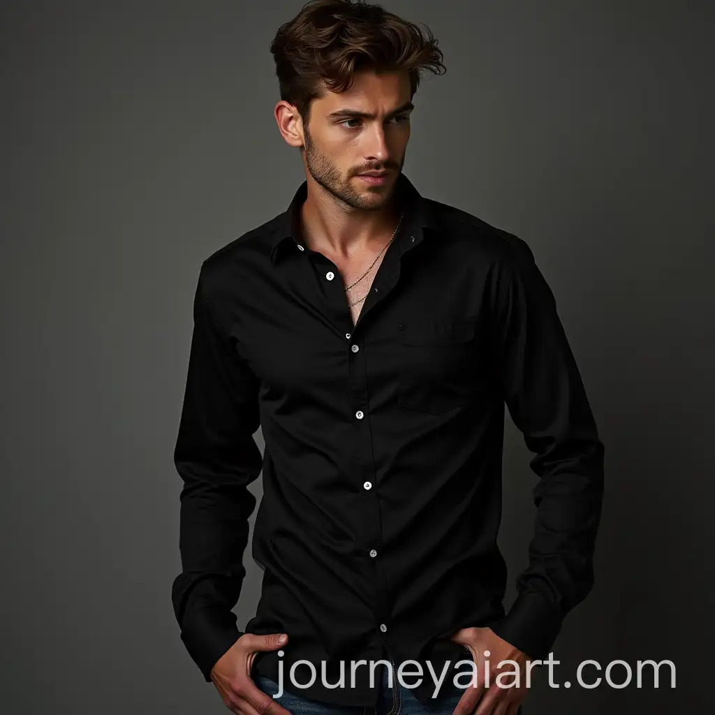 Handsome-Man-in-Black-Shirt-and-Jeans-Representing-Mercury