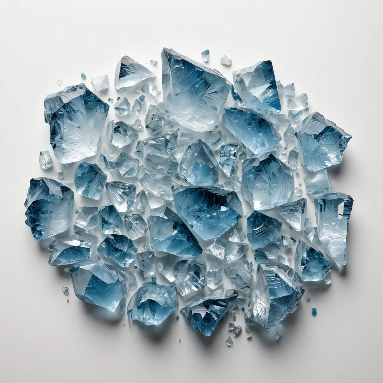 view strictly from above: several fragments of a translucent blue mineral crystal, one piece is large, smaller fragments are around, white background