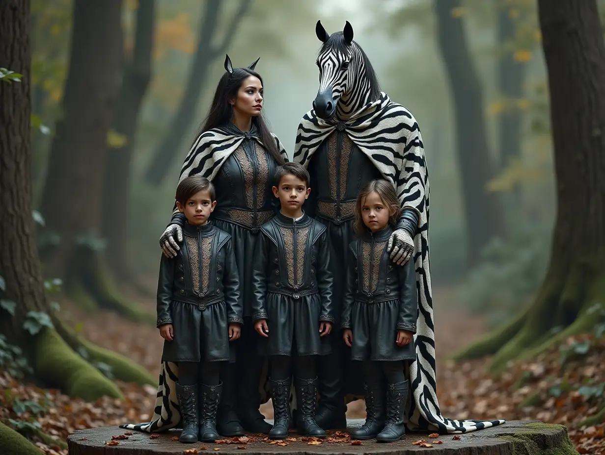 AI-Fantasy-Family, Mann,Woman,Children with RIVERHORSE face with and black- and white leather mantle, Zebra pattern stands On a tree stump in 4k