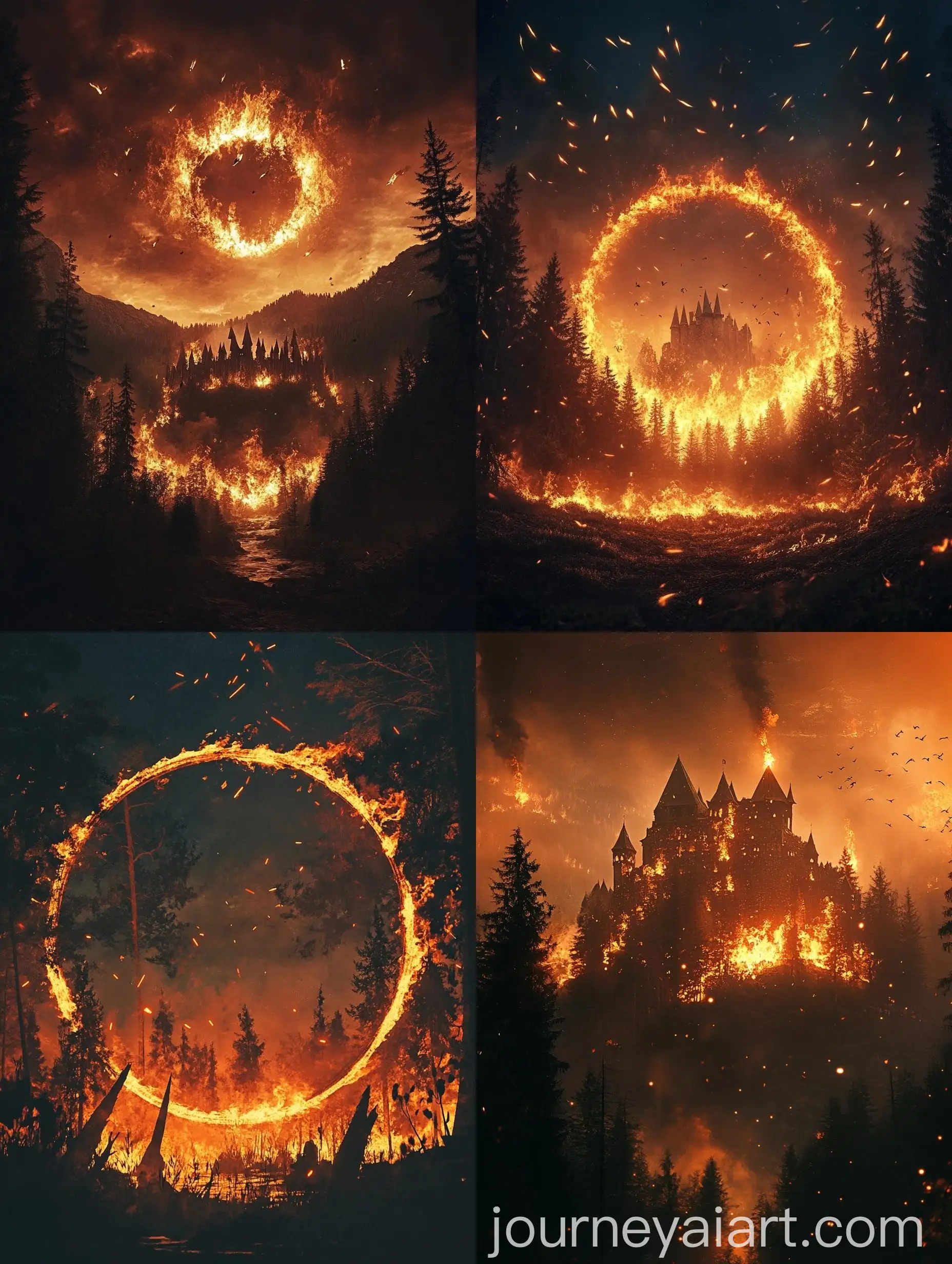Slavic-Wooden-Ring-Castle-on-Fire-in-Forest-Clearing