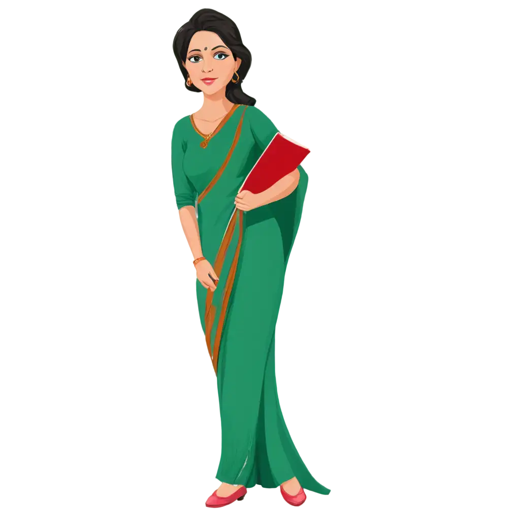 Indian-Middle-Age-Female-School-Teacher-in-Saree-PNG-Vector-Art