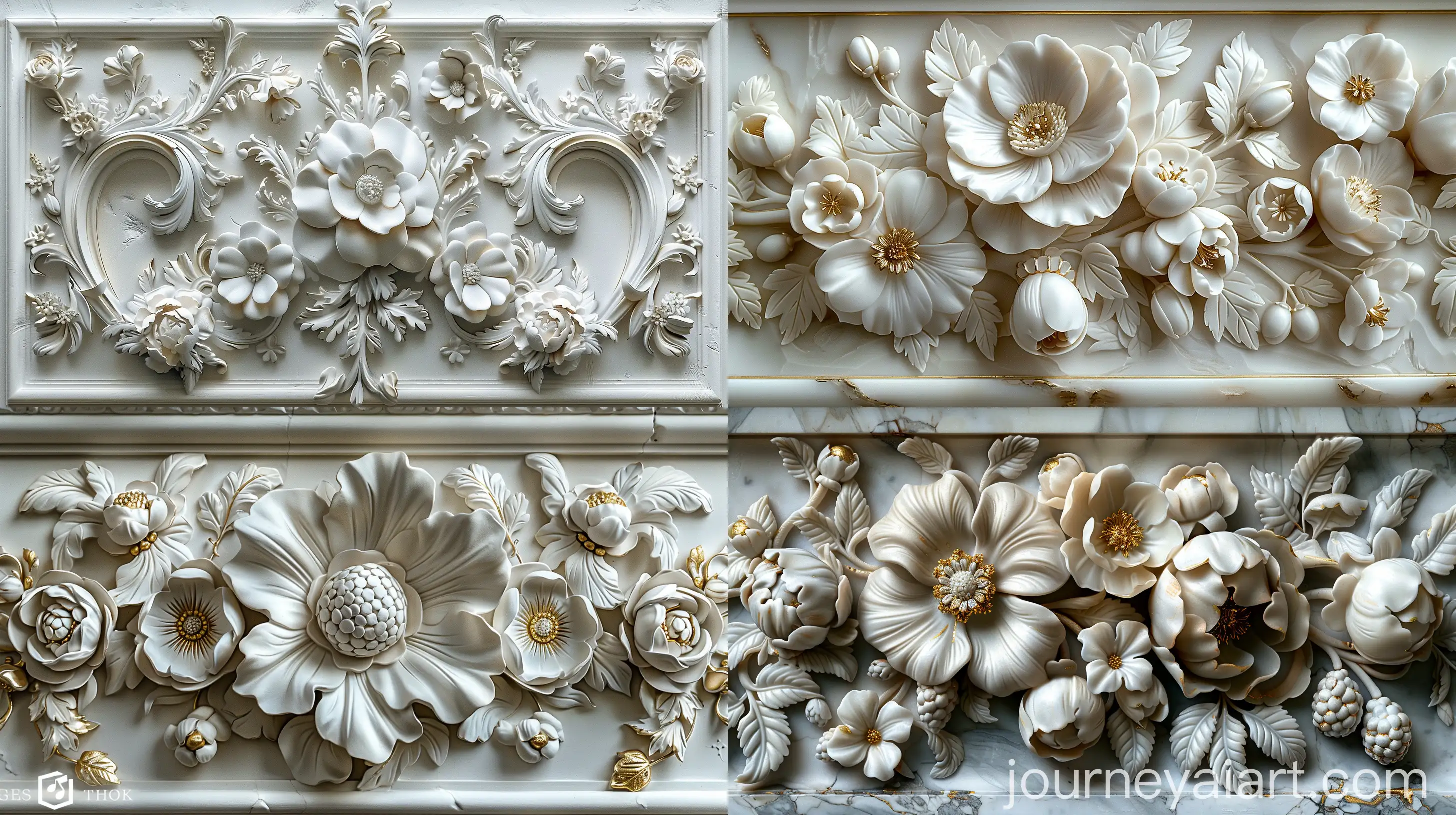 Elegant-White-Stucco-Wall-with-Floral-and-Vine-Embossing-and-Gold-Accents