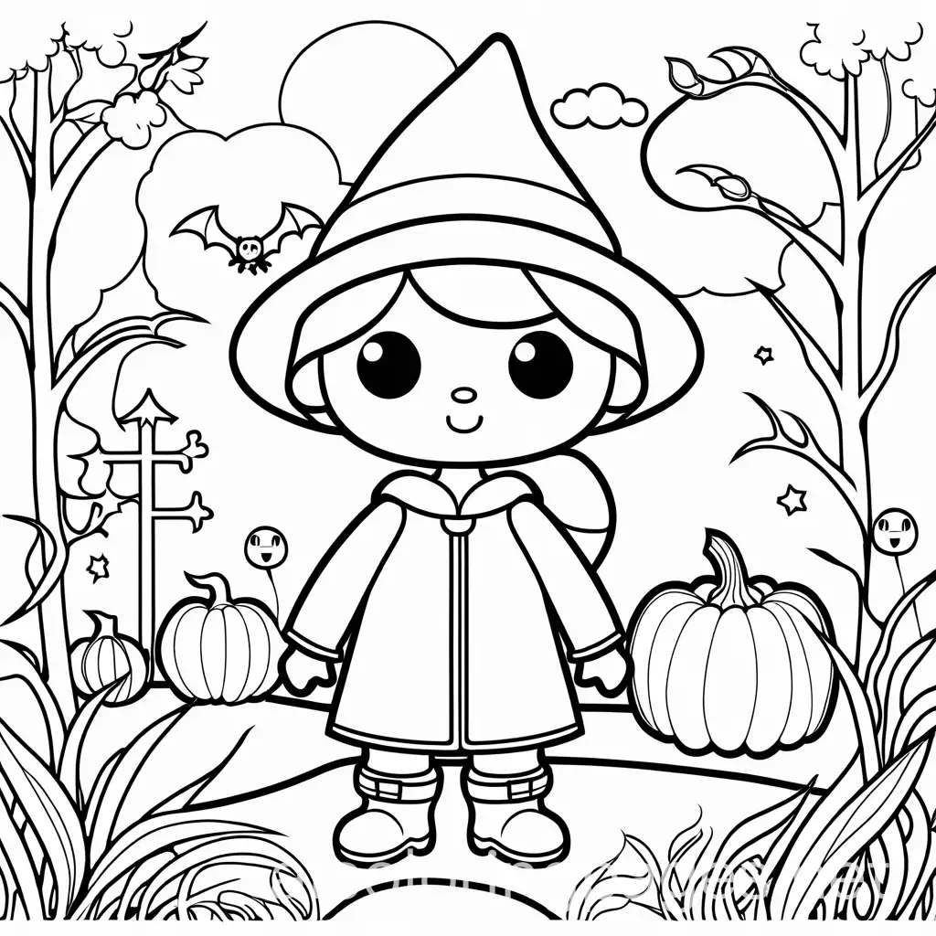 Create a bold and easy spooky coloring book for kids, featuring simple, kid-friendly spooky characters The images should have thick lines and minimal details, perfect for children aged 4-8, Coloring Page, black and white, line art, white background, Simplicity, Ample White Space. The background of the coloring page is plain white to make it easy for young children to color within the lines. The outlines of all the subjects are easy to distinguish, making it simple for kids to color without too much difficulty