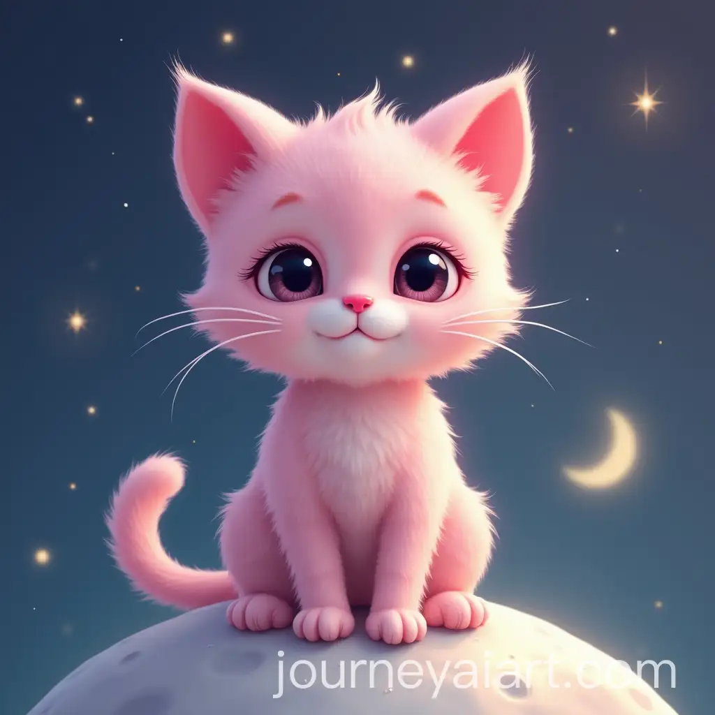 Pink-Cat-with-Round-Ears-and-Big-Eyes-Standing-on-the-Moon