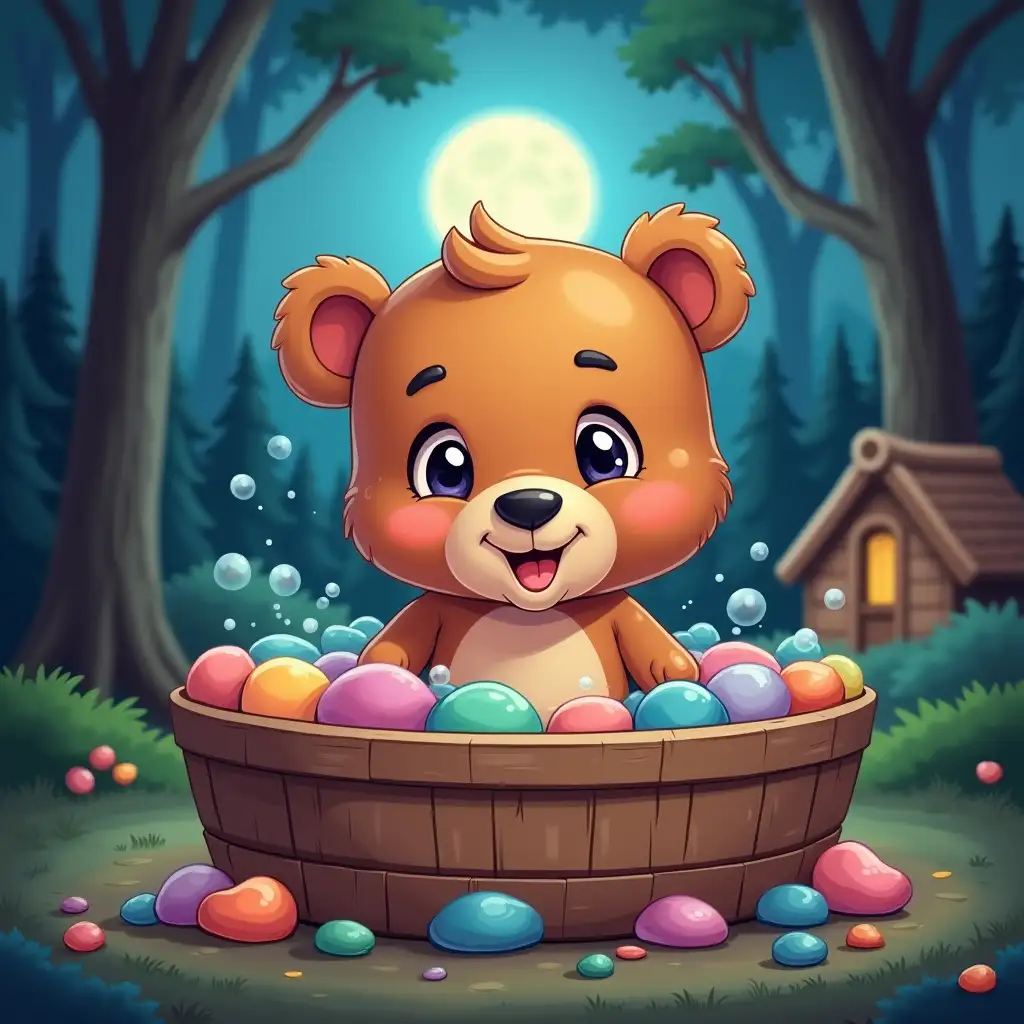 A cute cartoon bear cub sits in a wooden tub filled with colorful, bright, smooth stones, bathed in a tranquil, night-time forest setting with a full moon, bubbles, and a small wooden cabin in the background; the style is whimsical, with a vibrant color palette and detailed textures, evoking a sense of gentle playfulness.