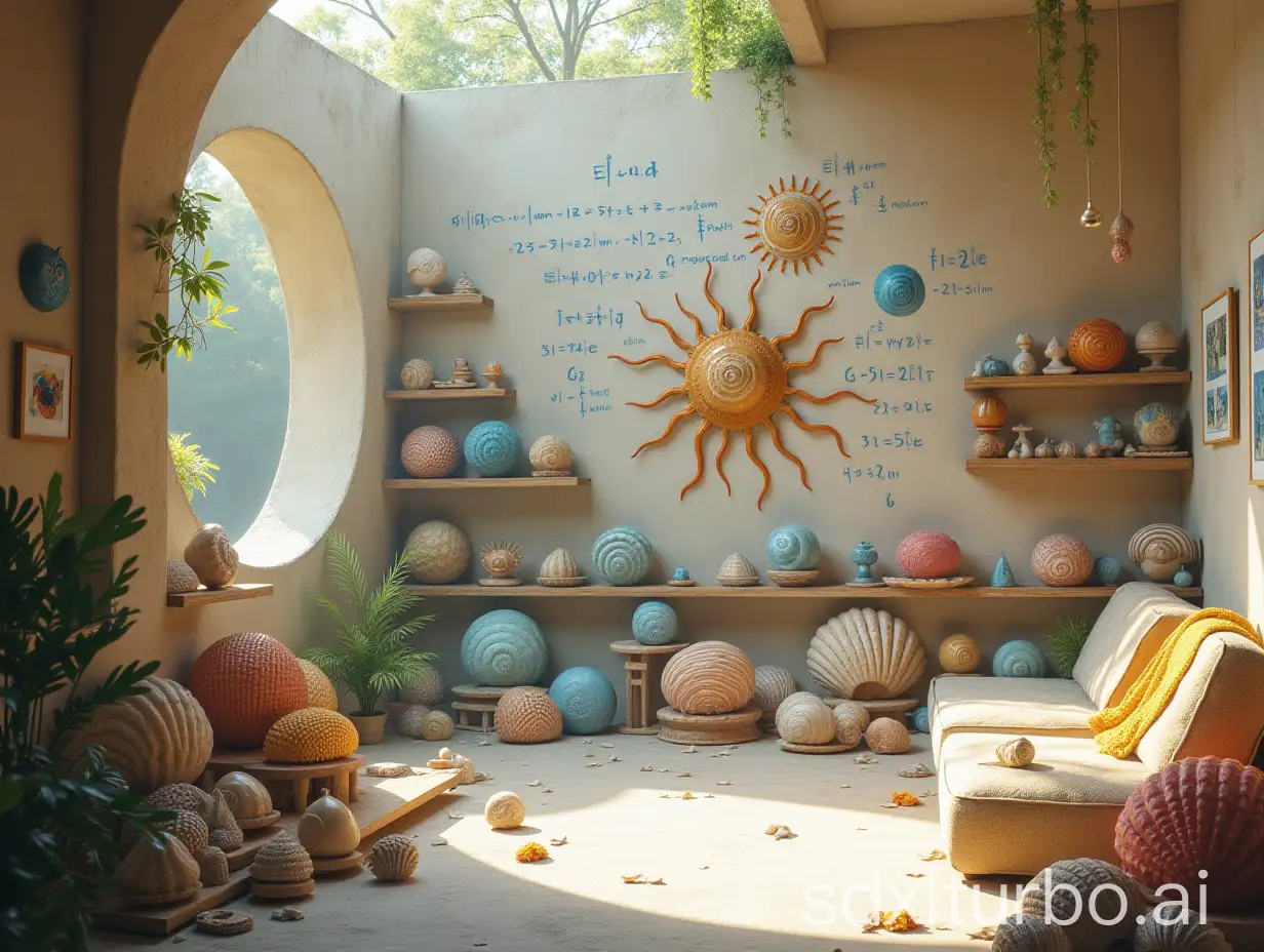 a beautiful alien garden, dodecahedra on shelves, sun mandalas and many blue formulas on walls, spiraling seashells, posters with formulas, sunny and mysterious atmosphere, high precision, low saturation, off-white colors