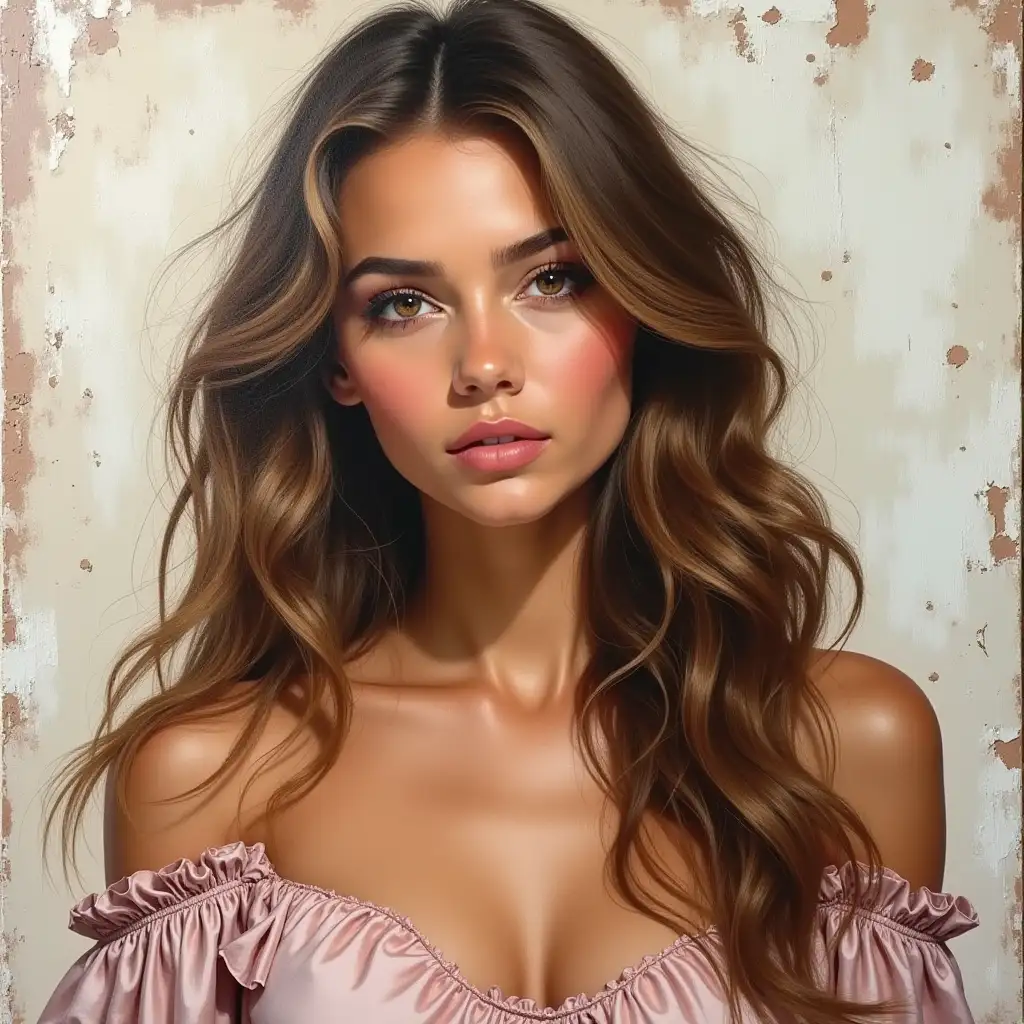 a beautiful portrait of a woman with long wavy brown hair, she is wearing a soft silk dress, drip messy rough thick strokes of oil paint, impasto style, grainy, canvas, Flux, the woman has a smooth complexion and facial features, she is young