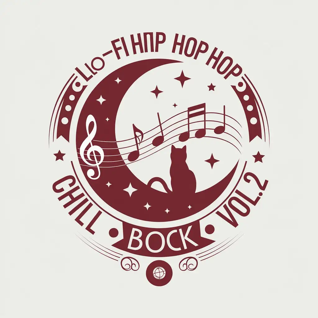 LOGO Design for Lofi Hip Hop Chill Out Mix Vol2 Moon Cat Stars and Musical Notes in Desaturated Red White Monochrome