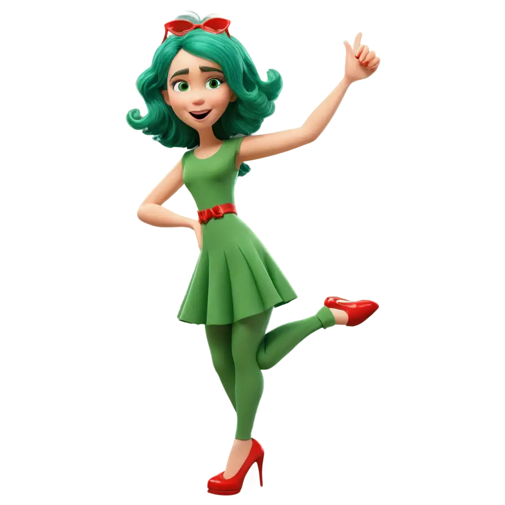 GreenHaired-Girl-with-Red-Shoes-Pointing-PixarStyle-3D-Cartoon-PNG-Image