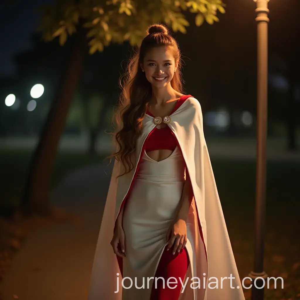 Elegant-Smiling-Girl-in-Evening-Gown-Under-Lamppost-in-Quiet-Park-at-Night