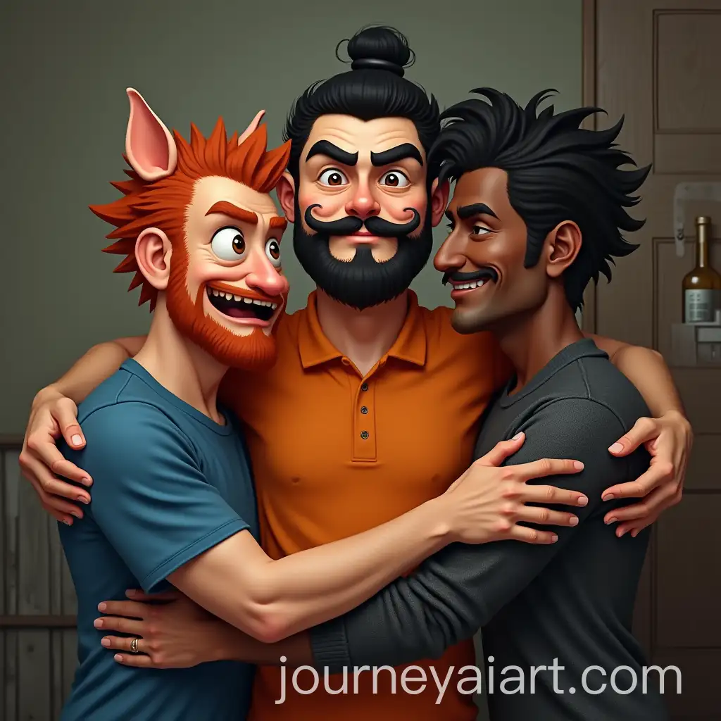 Group-of-Three-Friends-Hugging-in-Circle-with-Trash-Can-and-Alcohol-Bottles