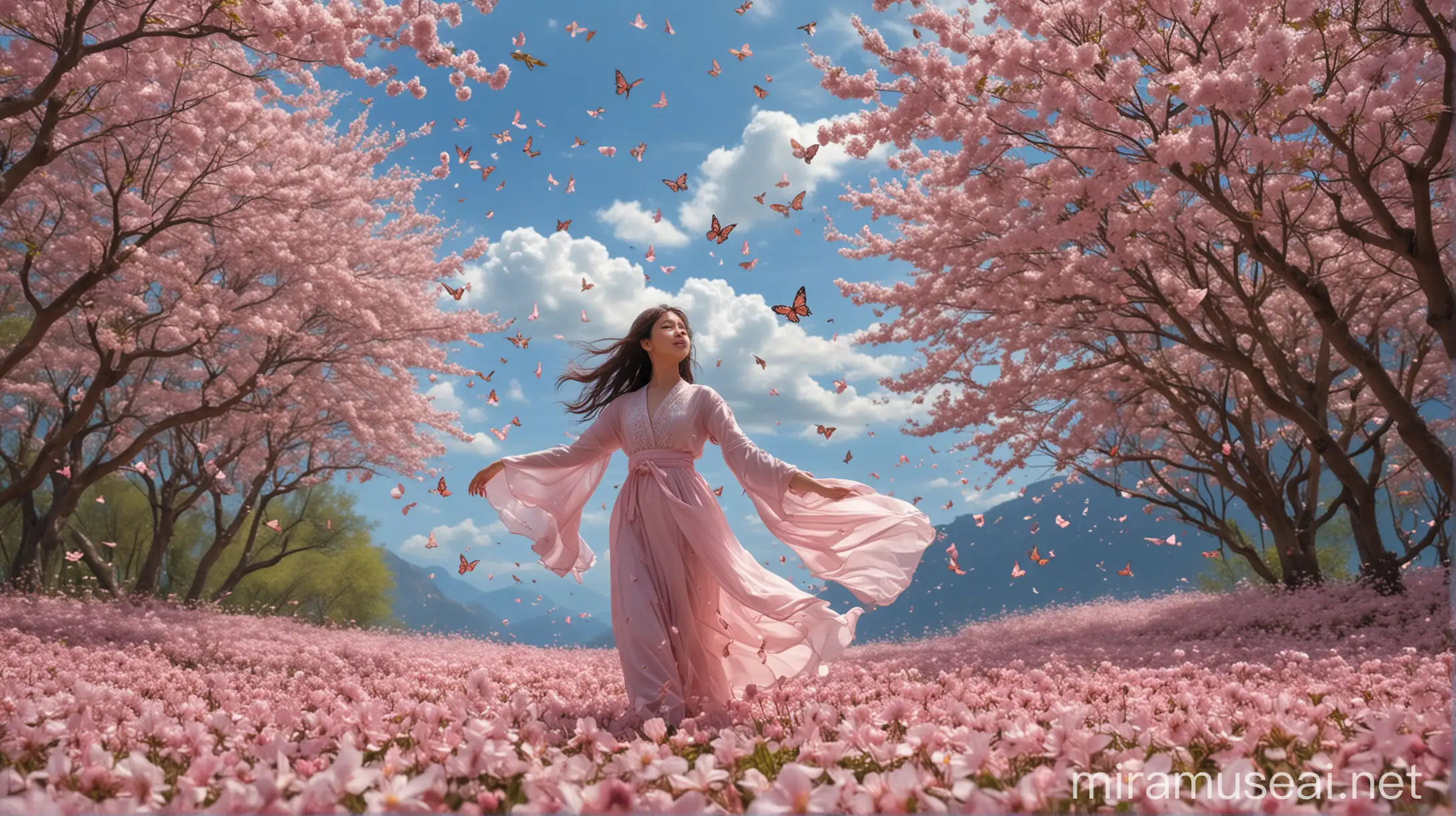 Indonesian Girl Amid Sakura Petals and Butterflies