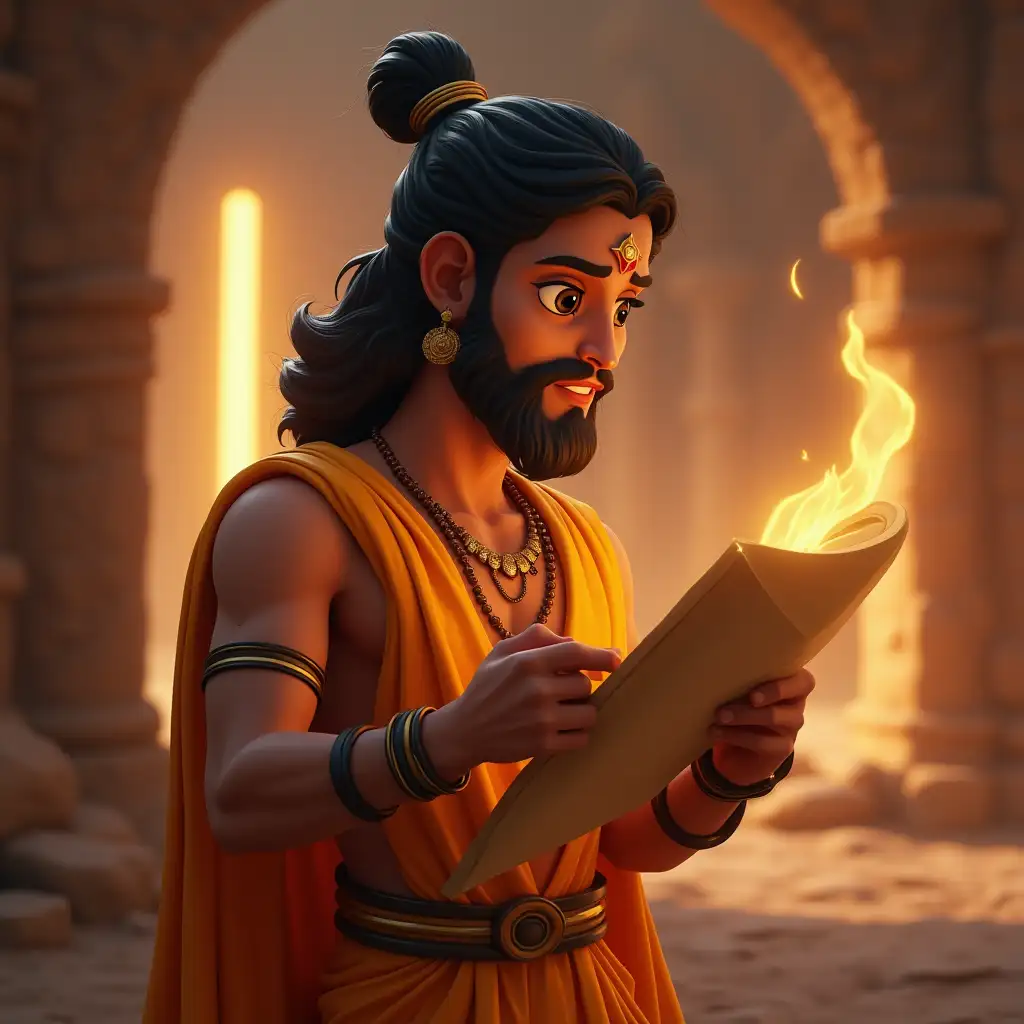 generate in cinematic 3d, cartoon style   **Rama read the scripture, which described a divine power called the 'Dharma Pillar,' left on Earth by Vishnu before the Ram avatar.**    *Generate an image of Lord Rama holding the scroll with a thoughtful expression, while a glowing ethereal pillar emerges faintly in the background.* ek jaisa ram ka image create karein