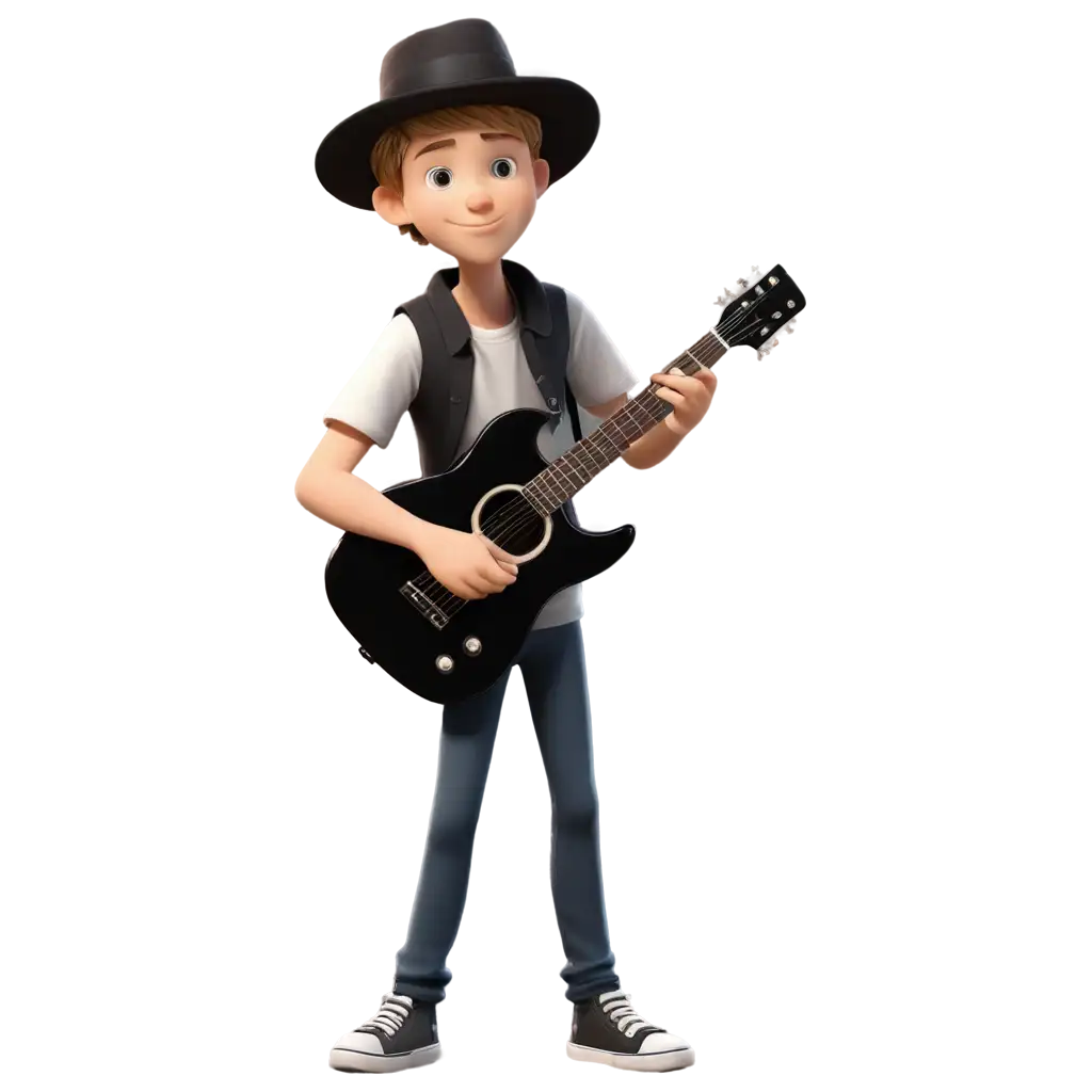 Cartoon-PNG-of-a-WhiteSkinned-Boy-Playing-Guitar-in-Unbuttoned-Shirt-and-Black-Hat