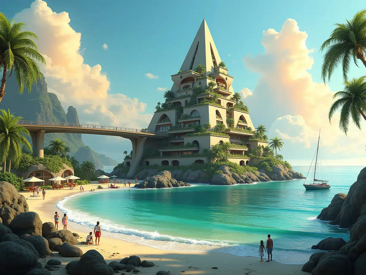 Create a high-resolution, realistic panorama image of a futuristic terrace building with window pyramid house with bridge, a yacht and a small boat beach with people, many plants and green and yellow and red facades  with sea with waves, big trees, orange clouds