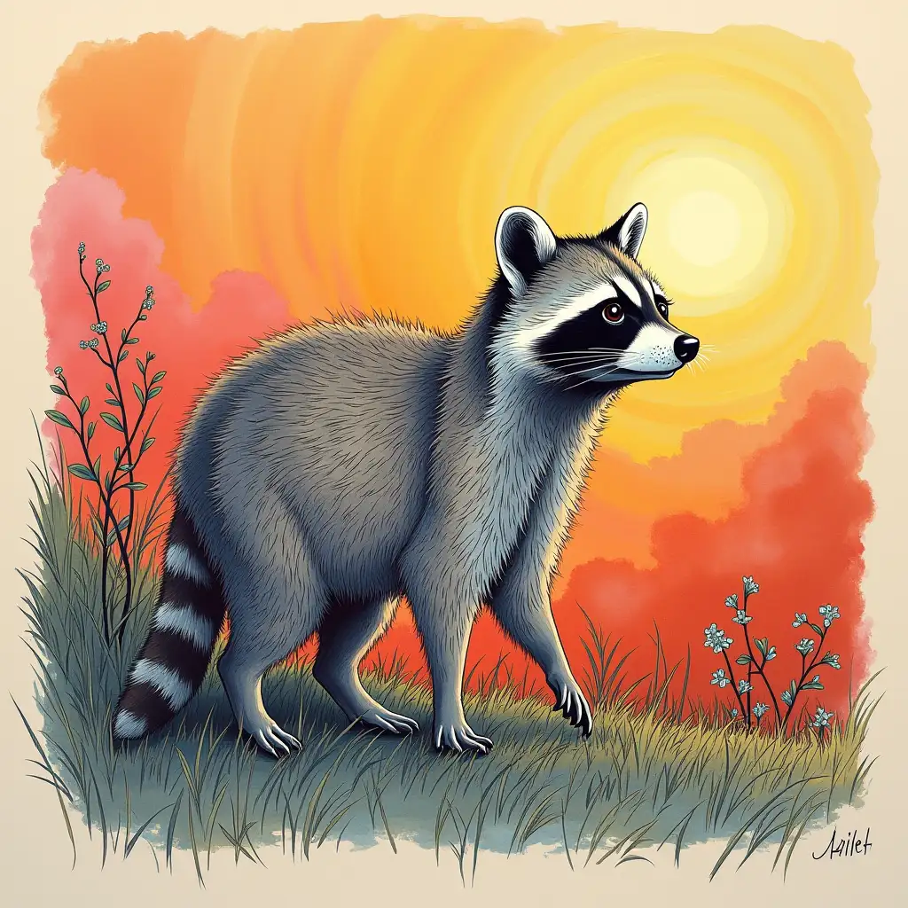 Surreal Raccoon at Sunrise in DaliInspired Line Art