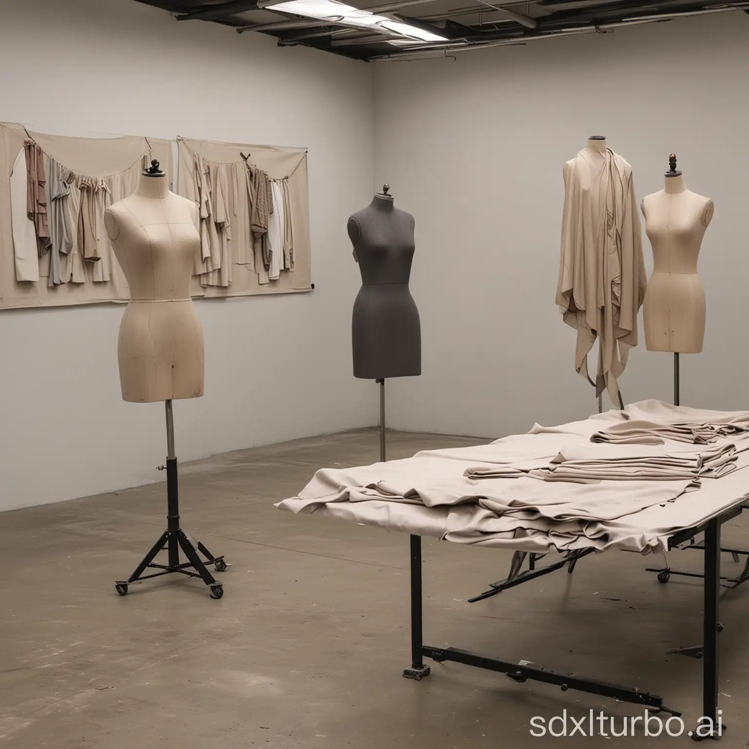 writing style clothing production workshop panoramic image, soft natural light from the side window shines in, the scene is presented by a wide-angle lens. The left side can be seen a large industrial cutting bed, the surface spread with multiple layers of fabric, and scattered on the side are scissors and pen tools. In the middle distance on the right side are arranged five mannequins, three standing to display different sizes of clothing samples, two lying mannequins have design drawings attached. The background presents hanging fabric rolls and a conveyor belt system, with a few pieces of fabric scraps scattered on the floor to enhance the realism. The overall composition adopts the rule of thirds, maintaining visual balance and avoiding central placement of the main body. Note the presentation of the industrial feel of the metal cutting bed and the delicate texture of the cloth on the mannequin, and keep a moderate amount of use marks on the workshop wall.