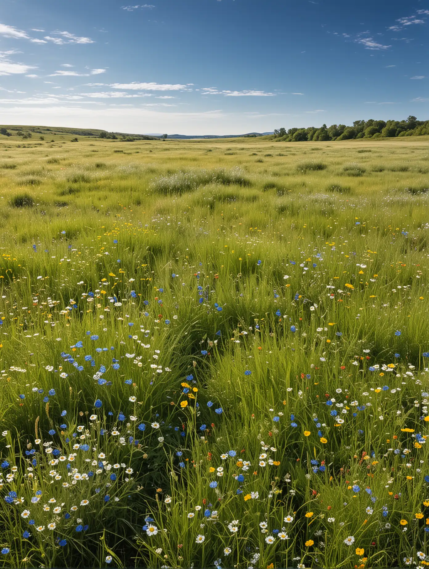 Wide-Open-Field-with-Soft-Grass-and-Scattered-Wildflowers-Under-a-Bright-Blue-Sky