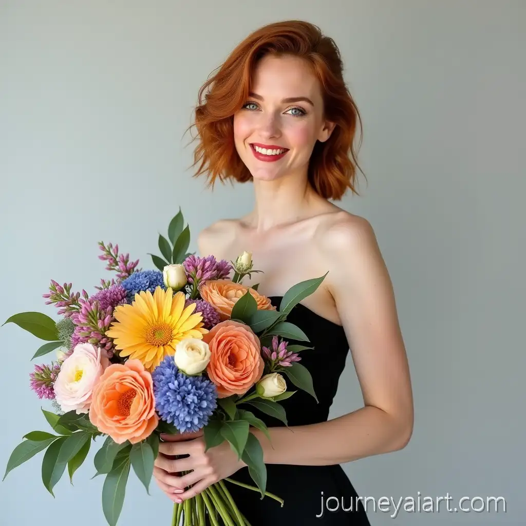 Elegant-Studio-Portrait-of-Woman-Holding-Vibrant-Flower-Bouquet