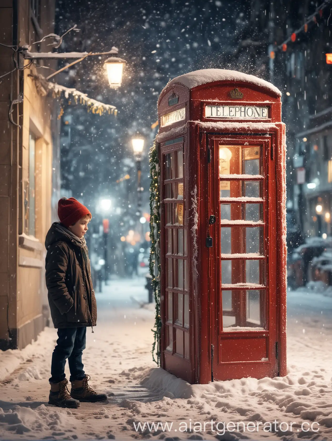 Boy-Enjoying-Winter-Near-a-Festive-New-Years-Telephone-Booth