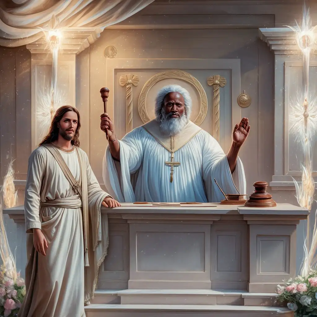 Heavenly Courtroom with Brown God as Judge and Jesus Standing by His Side