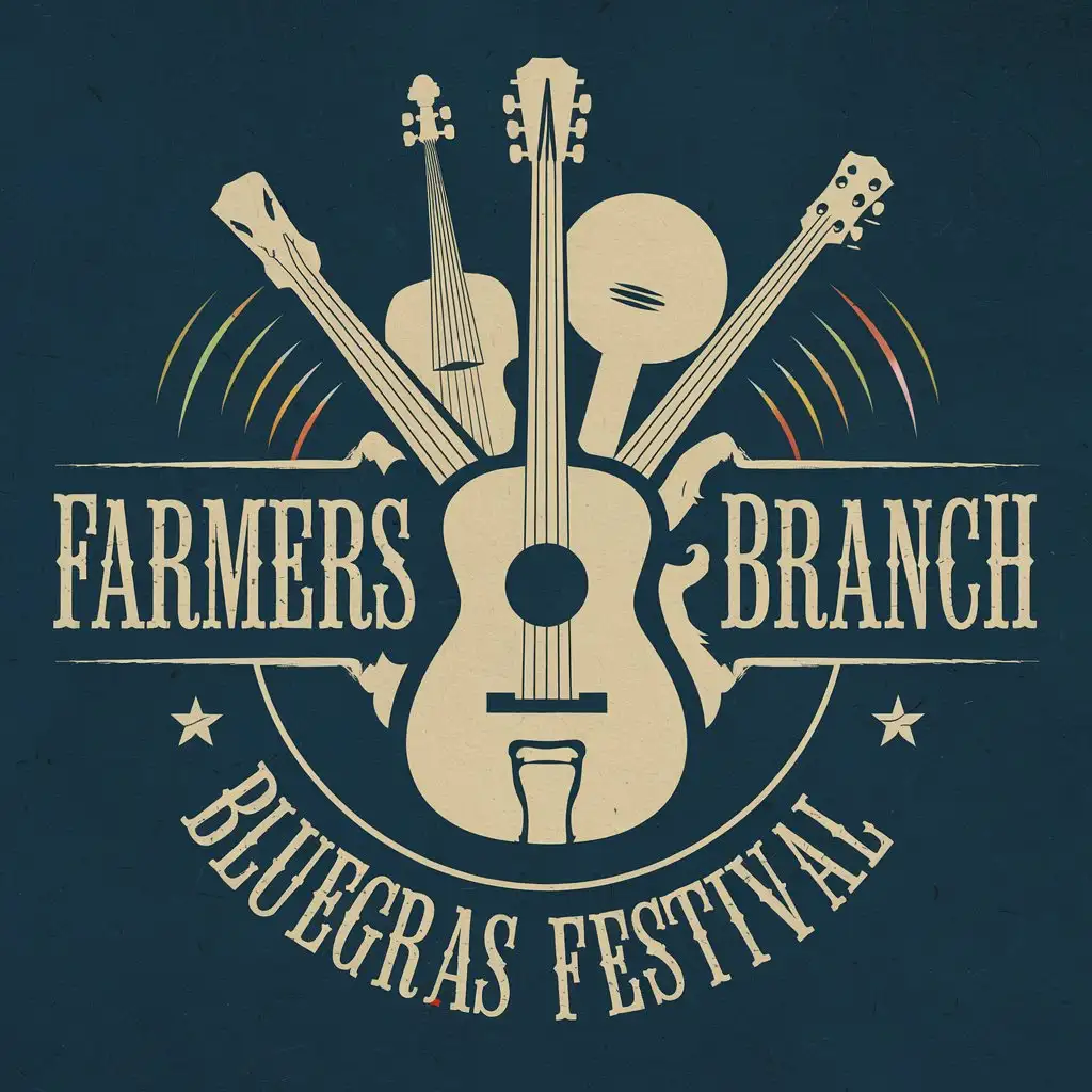 LOGO-Design-for-Farmers-Branch-Bluegrass-Festival-Vintage-Americana-with-Musical-Instruments-and-Texas-Pride