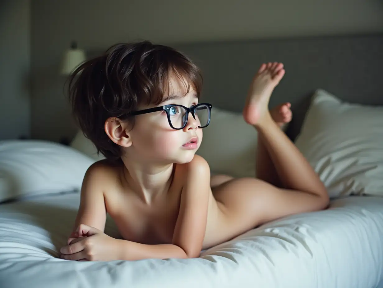 Young-Girl-with-Blue-Eyes-and-Glasses-Lying-on-Bed-with-a-Worried-Expression