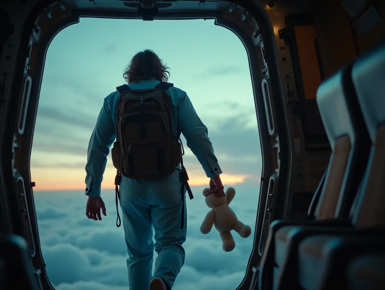 Man in BabyBlue Suit Preparing to Parachute with Teddy Bear