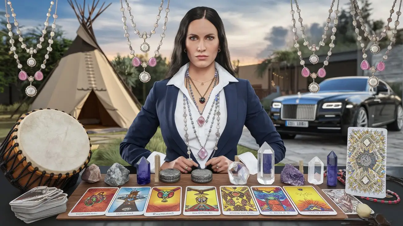 Photograph of a businesswoman with many necklaces with gemstones, standing behind a table with tarot cards, cristals and shamanic drum, in the back a teepee and a luxurious car, realistic, highly detailed