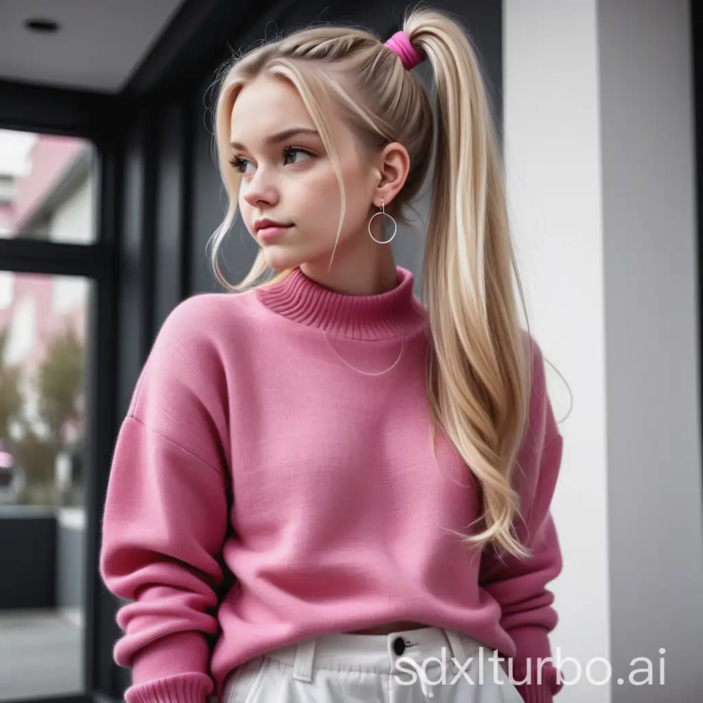 a girl with long blonde hair wearing earrings and a thin hair tie in her hair, a pink dark pink sweater that is sweet, white pants and black and white shoes