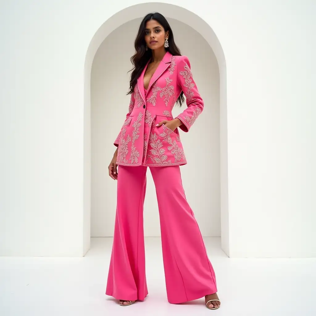 Indian-Woman-Model-Posing-in-Chic-Cerise-Pink-Suit-with-Intricate-Embroidery