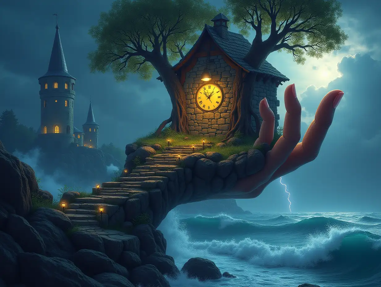 Creating a digital painting a hand with a building made of stones and lighting. Trees with roots and rocks and lantern far below is the sea, with a large clock. A big tower, sky, lanterns and and the sun shines through the clouds, from the sea there is a stairway to heaven Very big waves and lightning