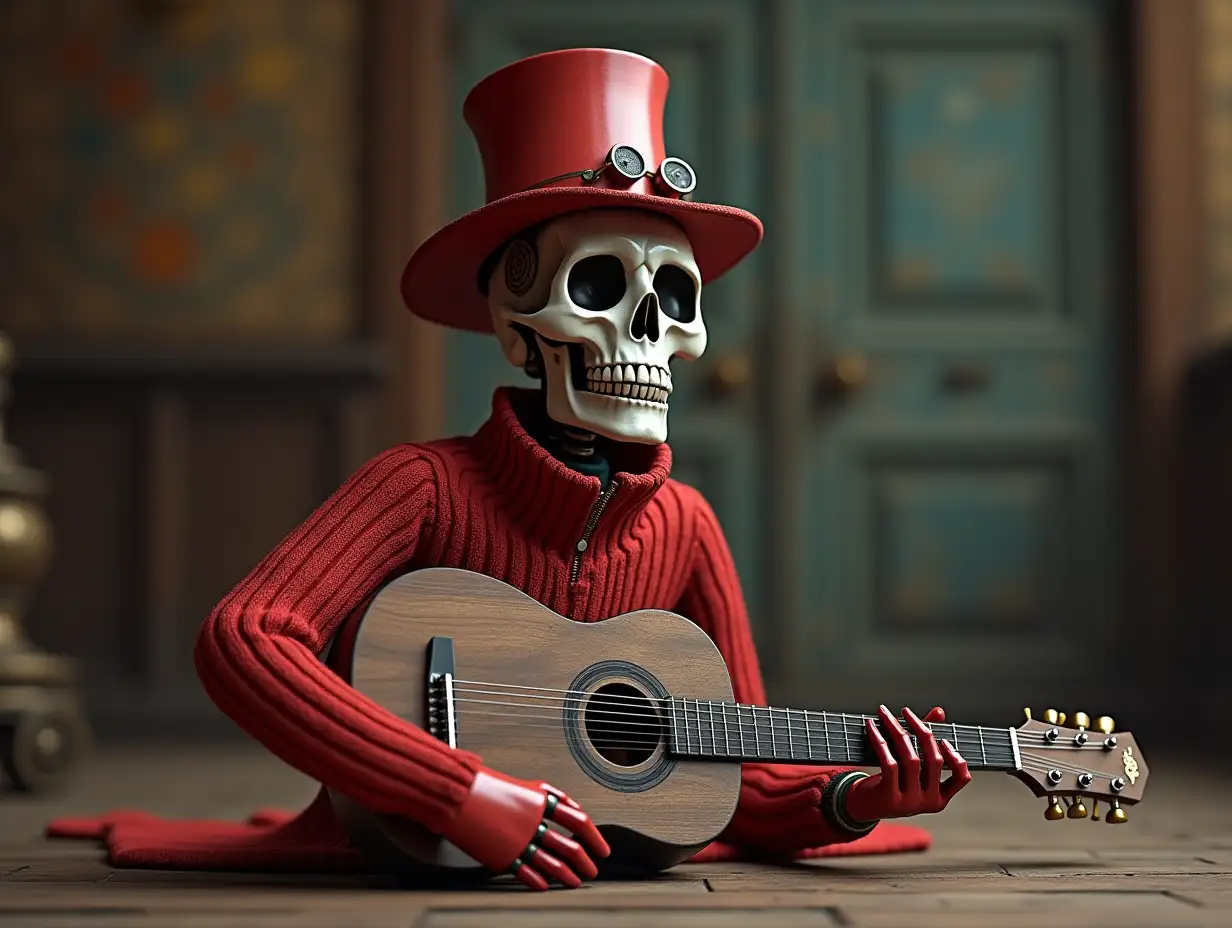 Create a high-resolution, realistic image of a robot with a skeleton body, red porcelain hands and head, a sweater, a Steampunk top hat, and a guitar on the floor in 4K resolution (Steampunk 8K quality)