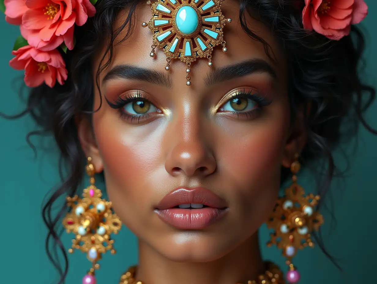 A hyperrealistic portrait of a beautiful woman wearing intricately detailed, vibrant and futuristic jewelry.