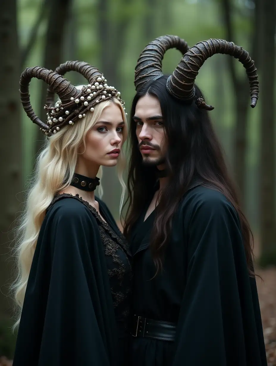 A photo of a blonde supermodel-a woman with beautiful pale skin and a man with dark long hair, made in the style of high fashion, a woman in a headdress made of tree twigs with pearl beads in a tiered style and a man in a headdress made of black and gold aries horns. They are in dark robes against a forest background, dark fantasy style, Gothic makeup. Pictorial image, hyperrealism, cinematic