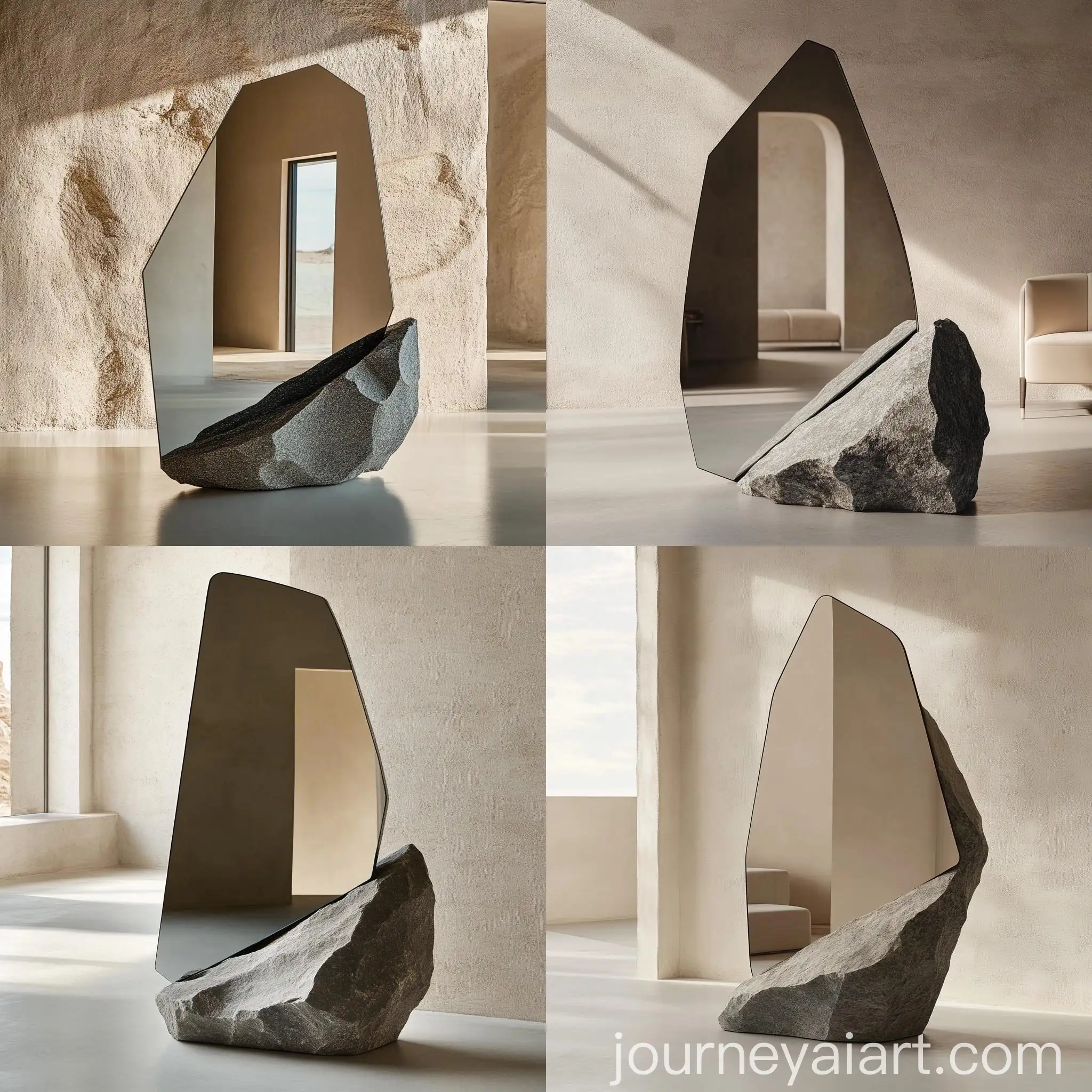Organic-Stone-Base-Sculptural-Mirror-in-Minimalist-Space
